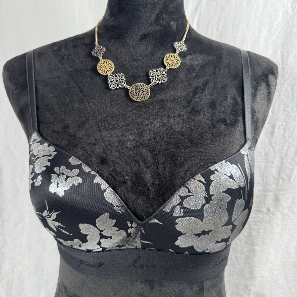 Women's Victoria Secret PINK Wear Everywhere Wireless Bra 34A Black Silver